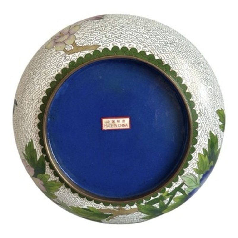 Antique Chinese Cloisonné Enamel Bowl Bird & Blossom White Decorative Bronze Art - Picture 6 of 6